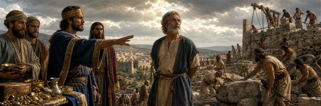 The seer Hanani confronting King Asa as laborers use seized stones to fortify cities